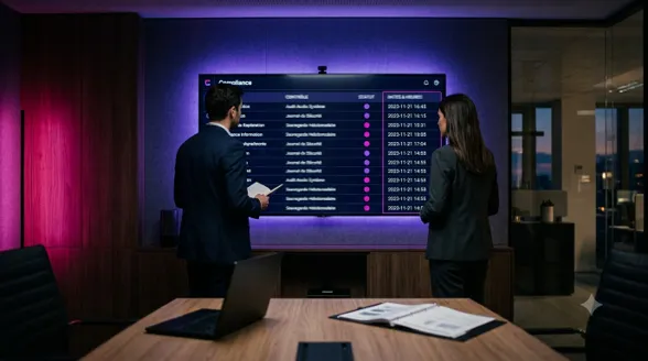 Deux professionnels examinent un tableau de bord de conformité ISO 27001 affichant des contrôles et leurs horodatages sur l'écran d'une salle de réunion