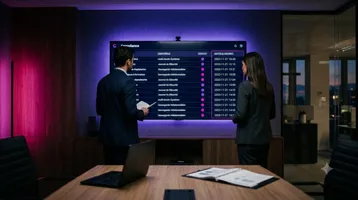Deux professionnels examinent un tableau de bord de conformité ISO 27001 affichant des contrôles et leurs horodatages sur l'écran d'une salle de réunion